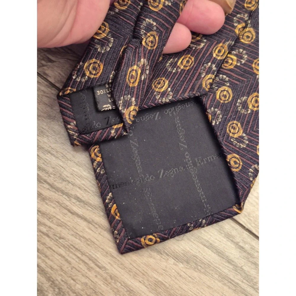 Ermenegildo Zegna Silk Wool Tie Navy Gold Geometric Medallion Made in Italy VTG